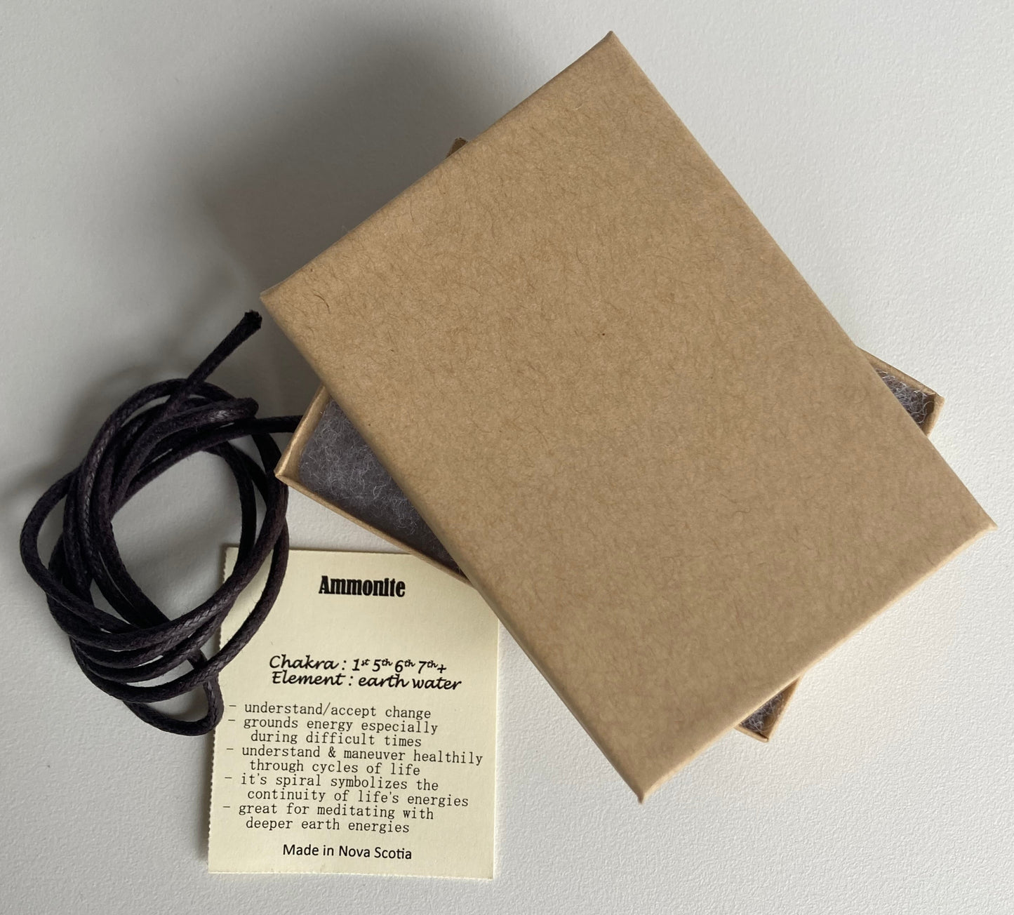 Ammonite Pendant Packaging Set — includes a dark brown cord to wear your pendant, a cream-colored information card listing the stone type along with its associated chakra(s), element(s), and metaphysical properties, and a light brown kraft paper jewelry box with white padding inside to hold the pendant, cord, and card — great for gift giving. Photographed on a white background.