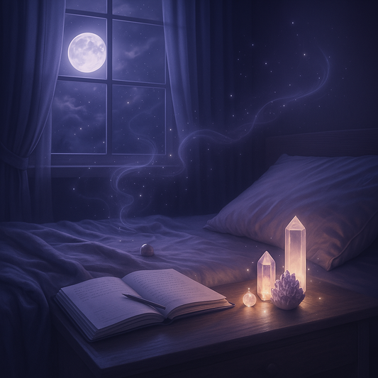 an empty bedroom at night in purple colours with the full moon shining through the window and and glowing crystals and a journal on a bedside table.