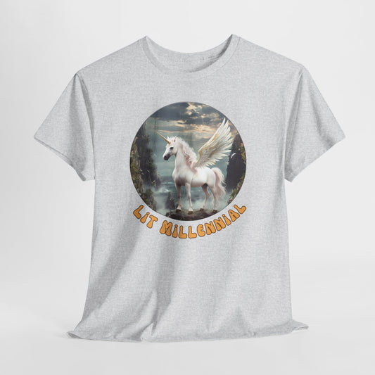 Gray t-shirt with a flying unicorn graphic and 'Lit Millennial' text on a white background