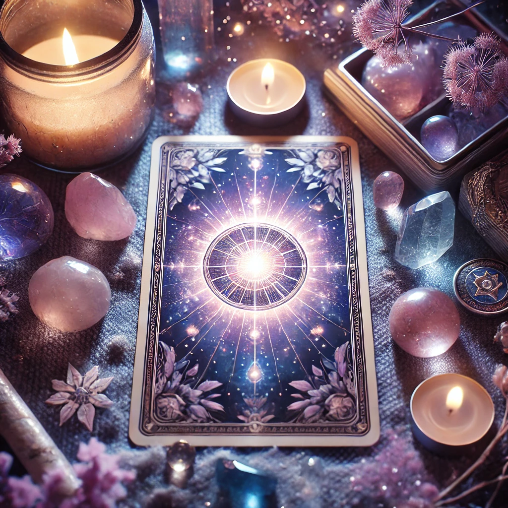 Tarot card on a mystical tabletop surrounded by lit candles, crystals, flowers and a glowing celestial design in soft purple and blue tones