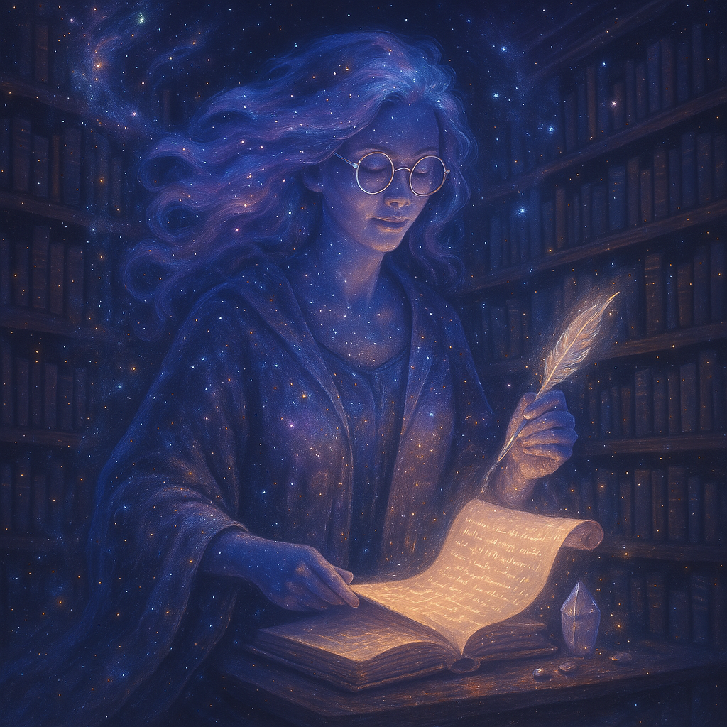 a magical Esper women sparkling and scribing things on a scroll with a feather pen using glowing gold ink in a library all in purple and gold hues.