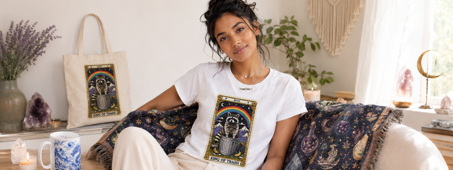 Cheeky merch lifestyle banner featuring a King of Trash raccoon T-shirt, matching tote bag, blue dragon mug, crystals, candles and cozy spiritual décor.