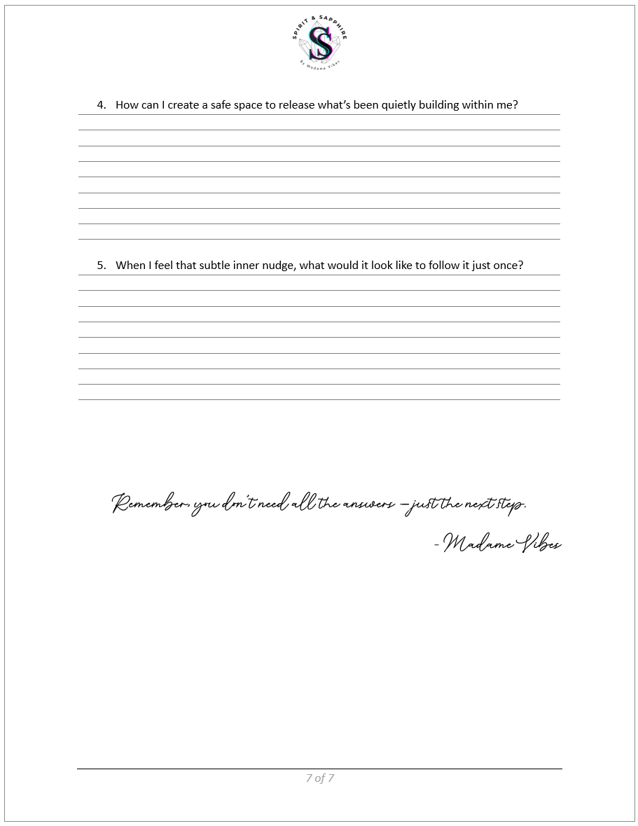 Final journal page of a Spirit and Sapphire tarot reading PDF with two reflective writing prompts and a closing note from Madame Vibes