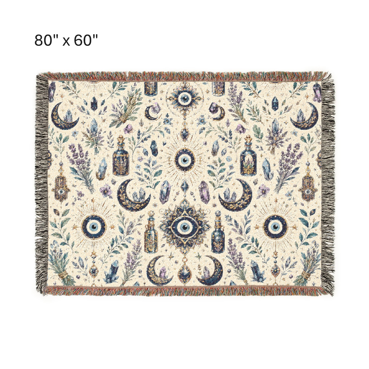 An 80" x 60" woven throw blanket with fringe edges, featuring a celestial and mystical pattern with moons, crystals, bottles, and evil eye motifs on an off-white background. The blanket is displayed flat against a white background with a size label '80" x 60" in the top left corner.