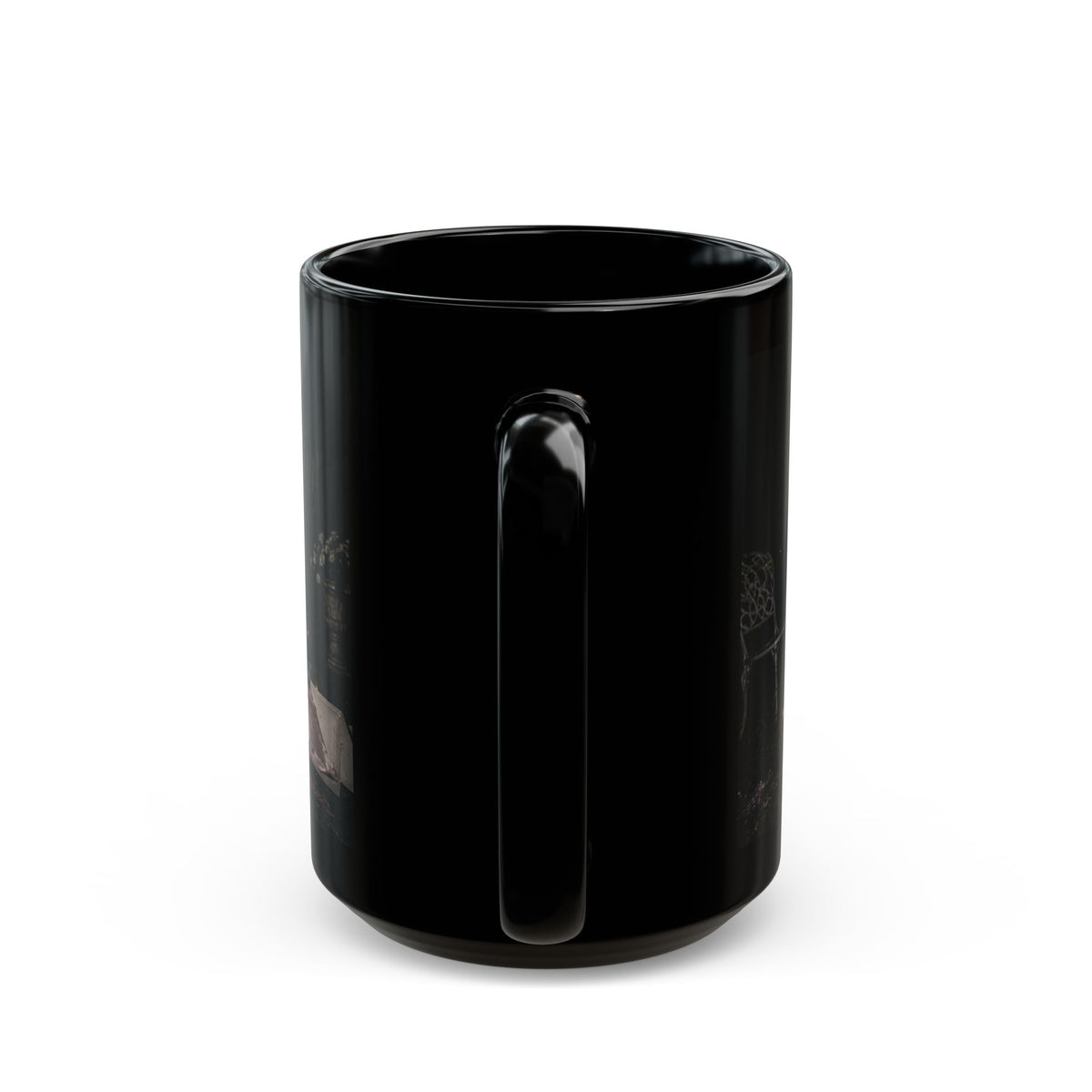 Back view of a glossy black 15 oz mug with the handle centered, showing small portions of the dark retro unicorn birthday scene wrapping around both sides.