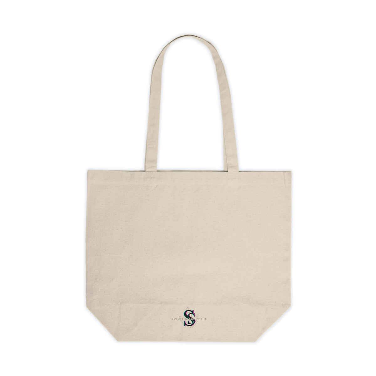 Back view of a natural canvas tote bag with a small Spirit and Sapphire logo printed near the bottom centre in purple, teal and black. The tote is shown against a white background.