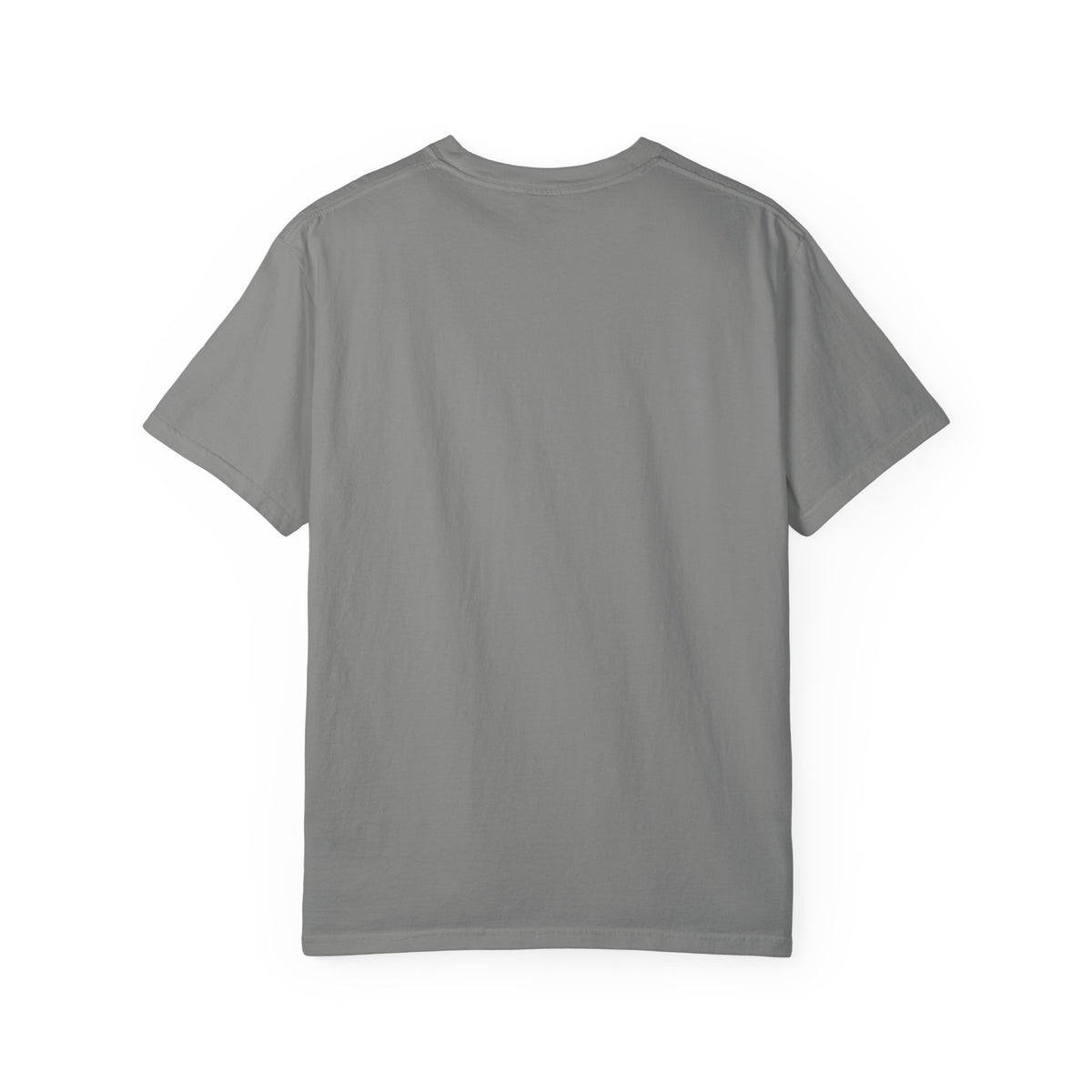 Plain back of a gray short-sleeve Comfort Colors t-shirt, shown flat against a white background.