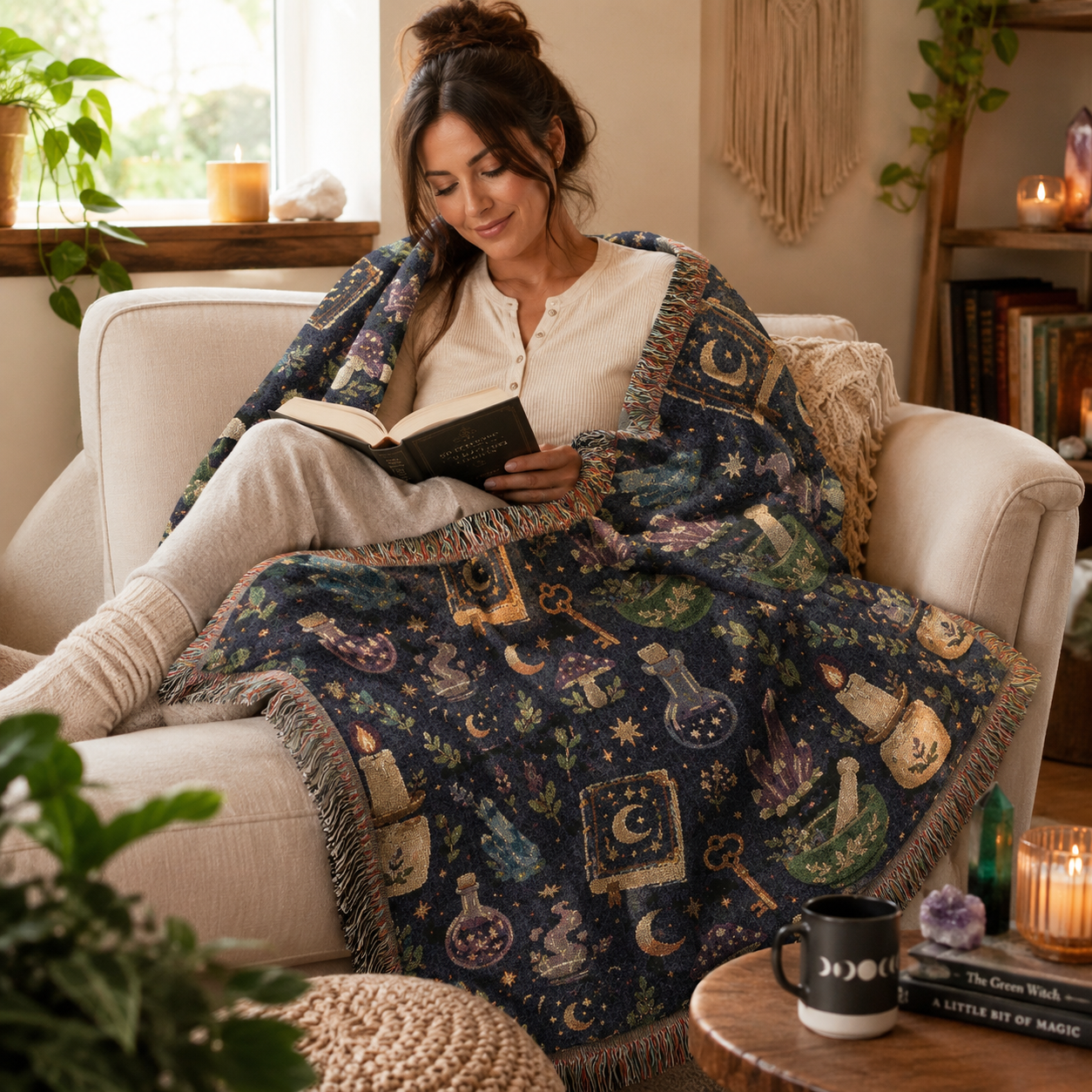 Witchy Woven Blanket | Apothecary, Crystals, Moons & Magic Pattern Throw