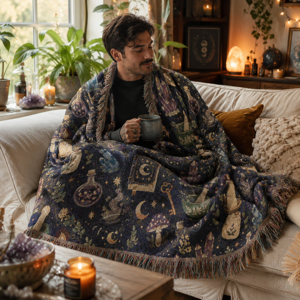 Witchy Woven Blanket | Apothecary, Crystals, Moons & Magic Pattern Throw