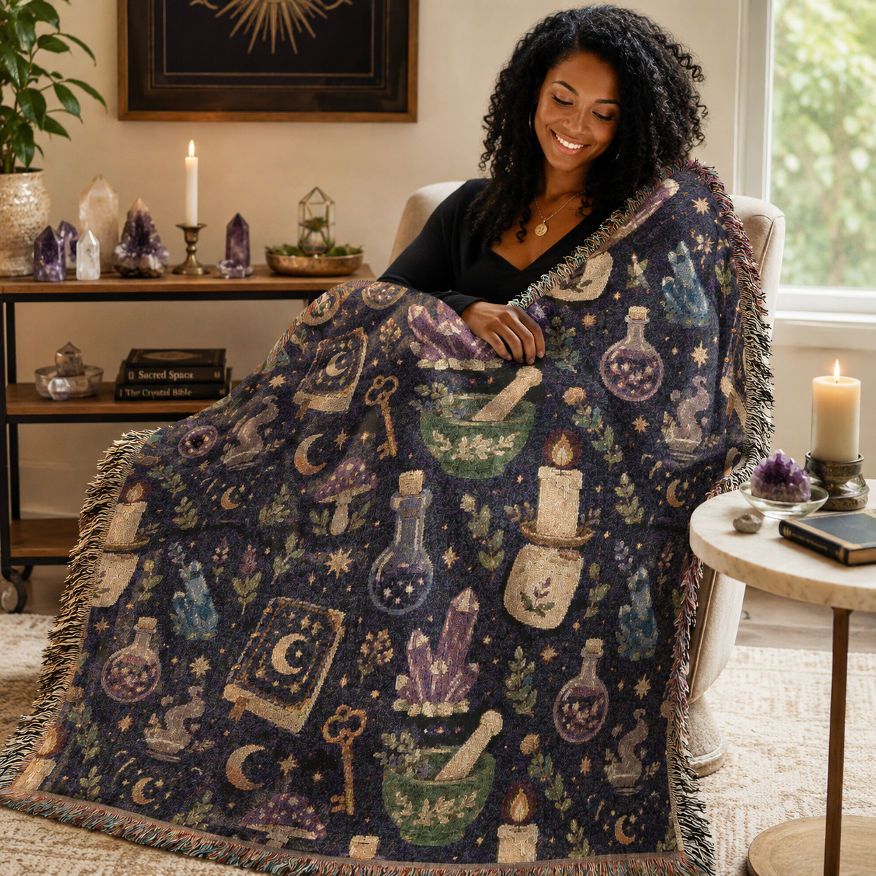 Witchy Woven Blanket | Apothecary, Crystals, Moons & Magic Pattern Throw