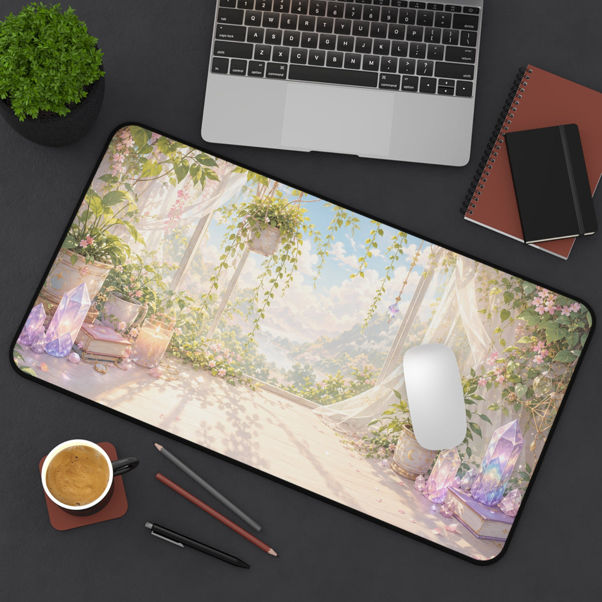 Pastel crystal desk mat shown on a dark workspace with a laptop, white mouse, coffee cup, notebooks, pens and a small green plant.