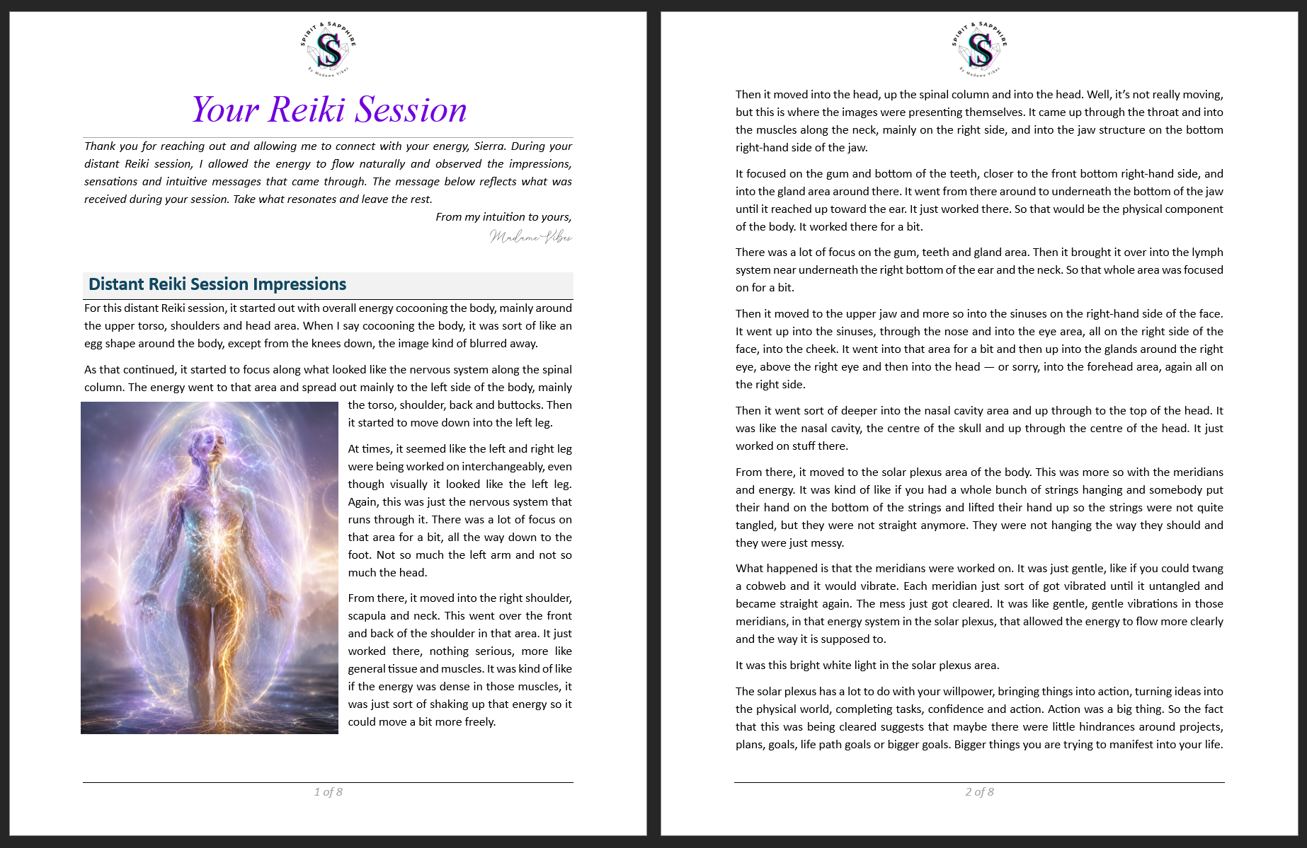 Preview of a Spirit and Sapphire distant Reiki session example showing pages 1 and 2, including a channeled Reiki message and energy body illustration.