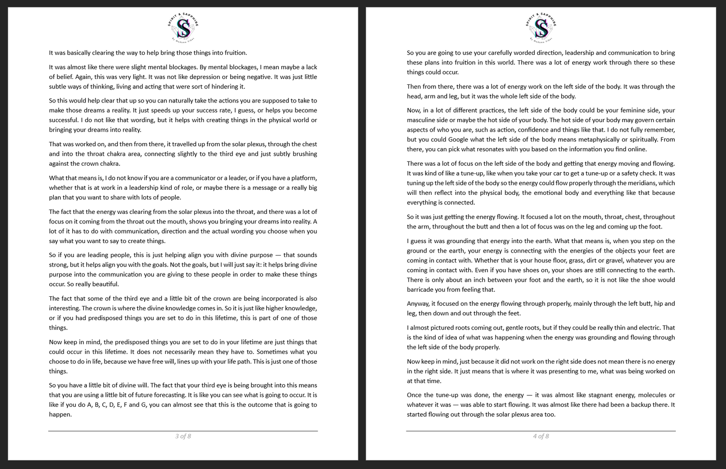 Spirit and Sapphire distant Reiki session example pages with channeled Reiki impressions, solar plexus insight, throat energy and grounding themes.