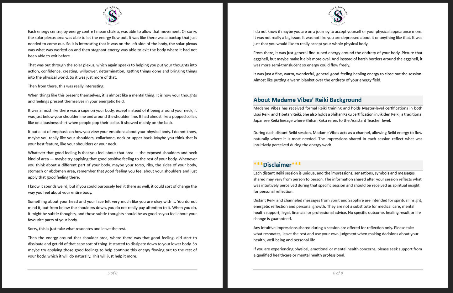 Preview of pages 5 and 6 from a Spirit and Sapphire distant Reiki session example, showing session impressions, Reiki credentials and disclaimer.