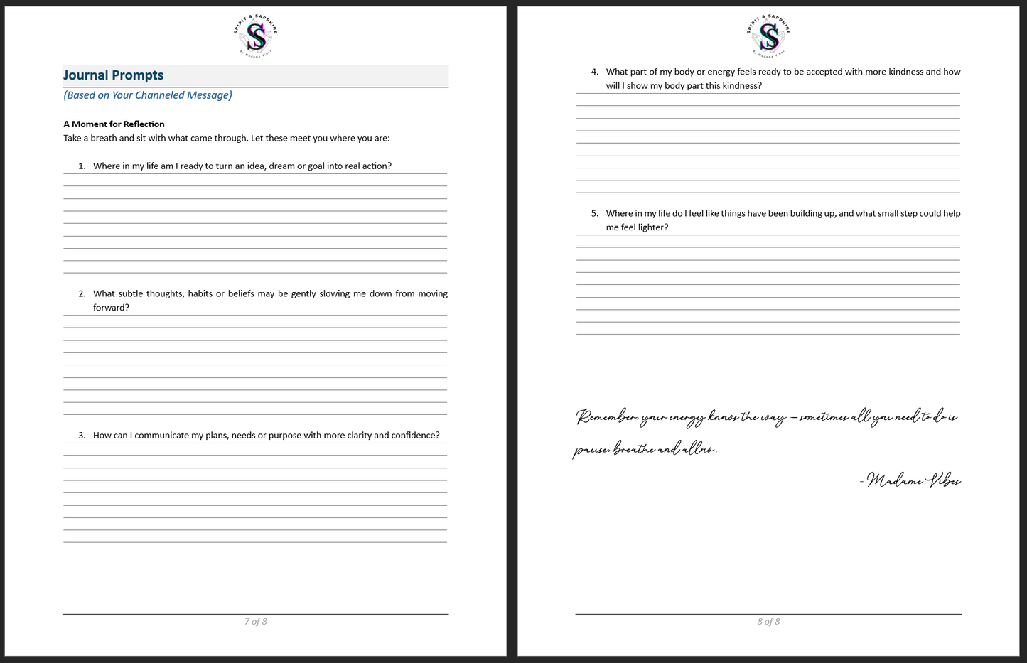Preview of pages 7 and 8 from a Spirit and Sapphire distant Reiki session example, showing reflection journal prompts and a closing message from Madame Vibes.