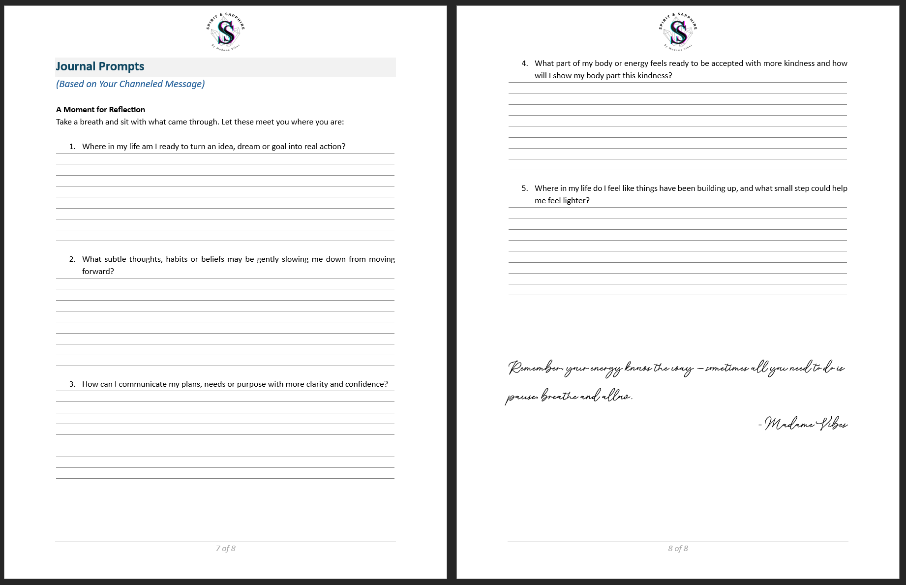 Preview of pages 7 and 8 from a Spirit and Sapphire distant Reiki session example, showing reflection journal prompts and a closing message from Madame Vibes.