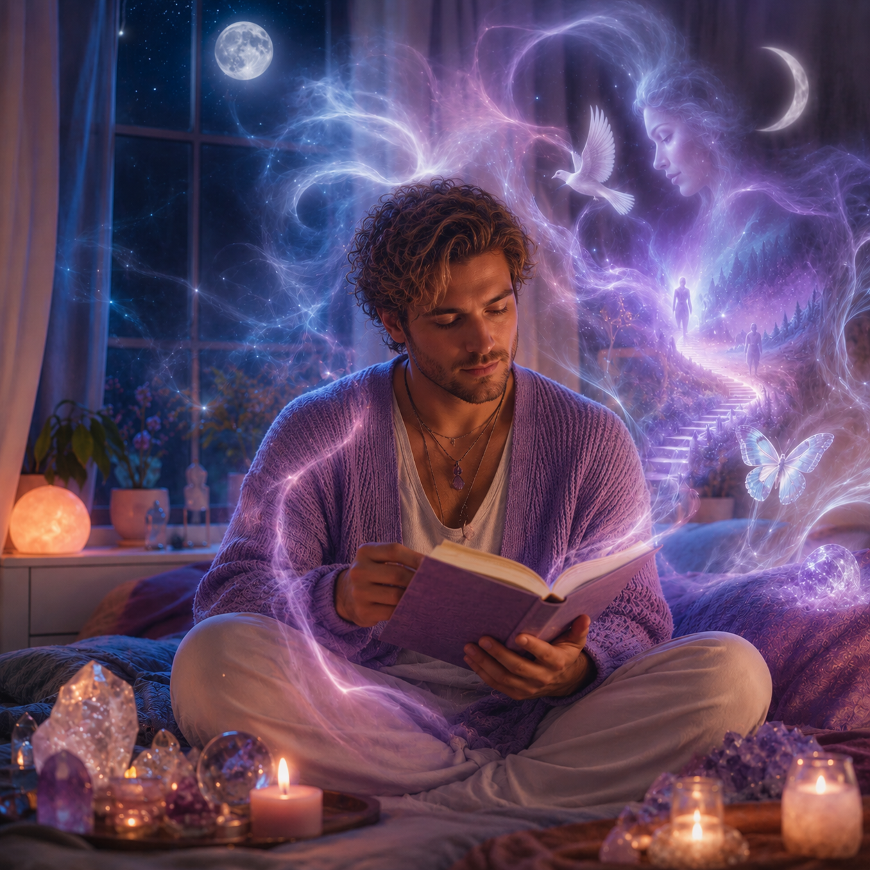 Man reading a book in a magical room with glowing elements and a fairy.