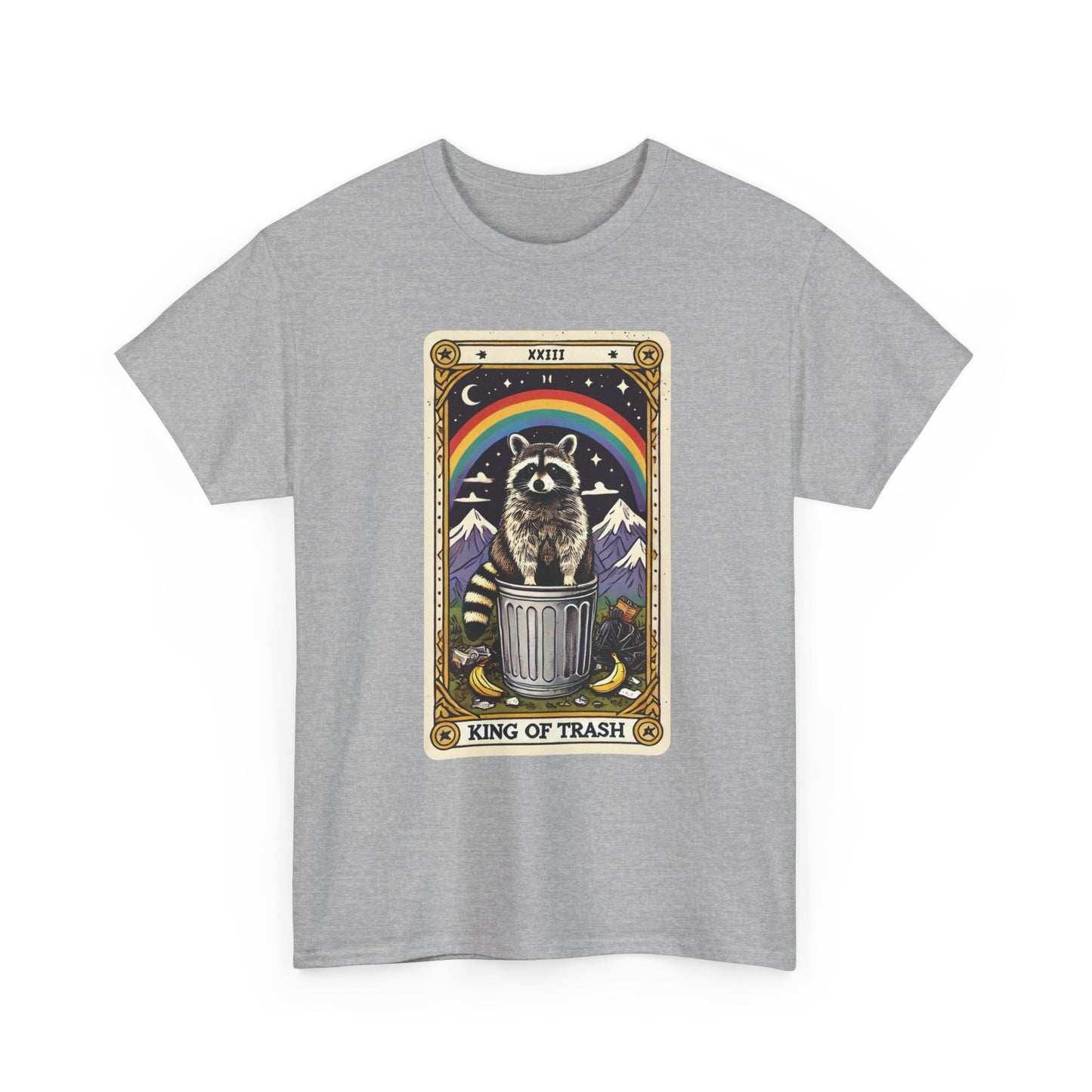Gray t-shirt with a graphic of a tarot card depicting a raccoon in a trash can and rainbow above it, labeled 'King of Trash', on a white background.