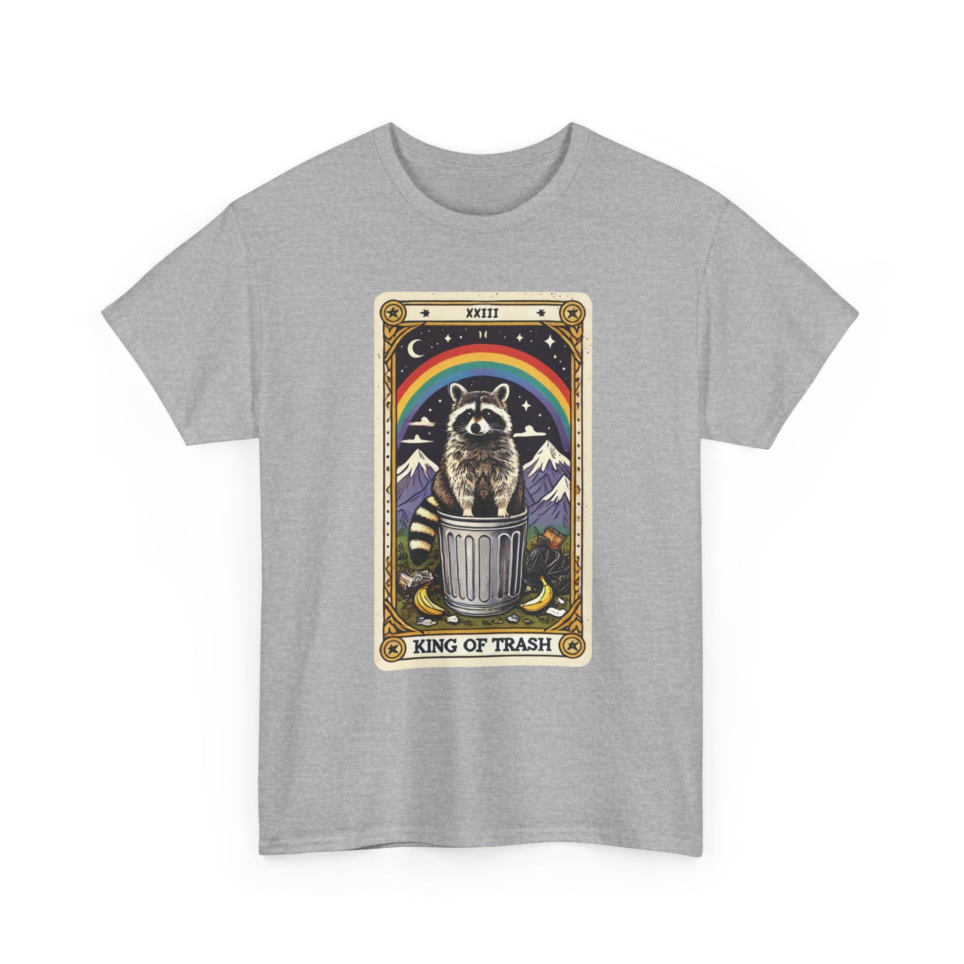 Gray t-shirt with a graphic of a tarot card depicting a raccoon in a trash can and rainbow above it, labeled 'King of Trash', on a white background.