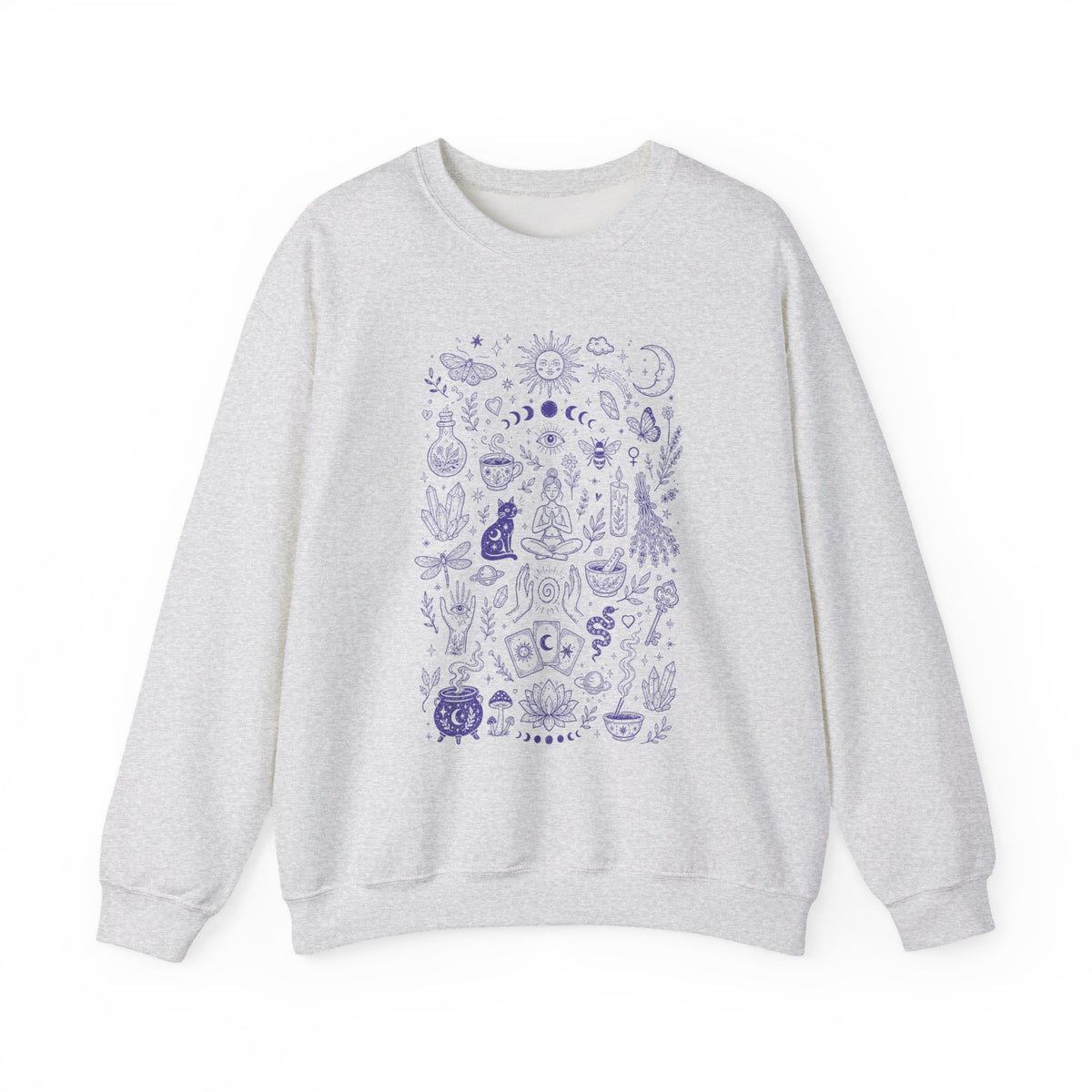 A heather grey crewneck sweatshirt featuring a vertical doodle graphic print of various purple mystical and celestial illustrations, including moons, stars, crystals, tarot, and a cat, displayed on a clean white background.