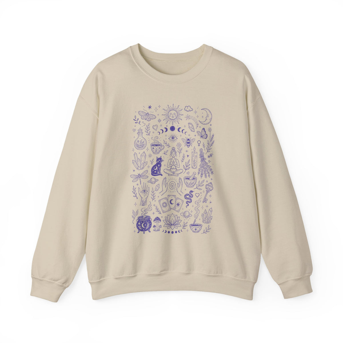 A beige crewneck sweatshirt featuring a vertical doodle graphic print of various purple mystical and celestial illustrations, including moons, stars, crystals, tarot, and a cat, displayed on a clean white background.