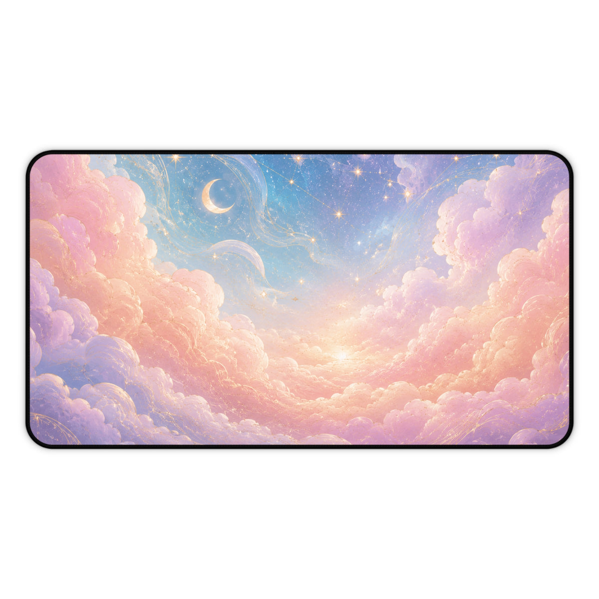 12 by 22 inch pastel celestial desk mat with a dreamy sky design, featuring soft pink and lavender clouds, a blue starry sky, crescent moon, glowing stars and delicate gold swirl details. The rectangular keyboard and mouse pad has rounded corners and a black stitched border, shown flat against a plain white background to display the full design.