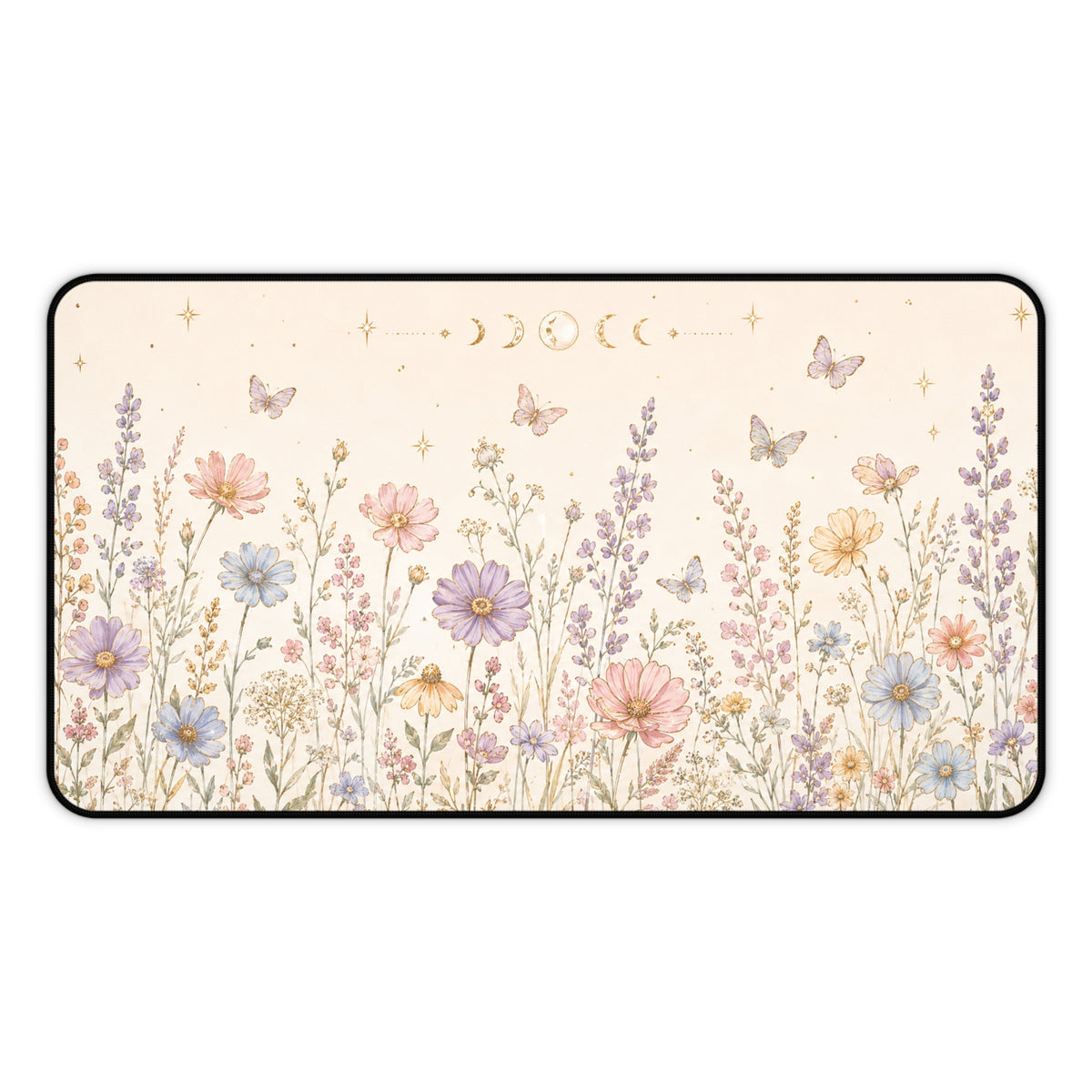 12 by 22 inch botanical desk mat with a soft cream background, pastel wildflowers, butterflies, gold stars and moon phases across the top. The rectangular keyboard mat has rounded corners and a black stitched border, shown flat against a plain white background to display the full floral design.