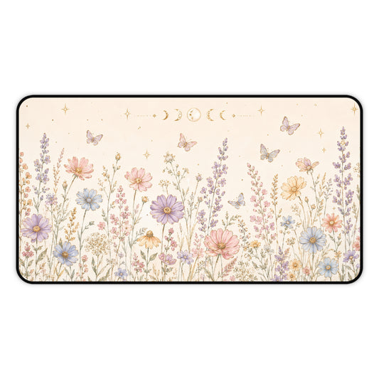 12 by 22 inch botanical desk mat with a soft cream background, pastel wildflowers, butterflies, gold stars and moon phases across the top. The rectangular keyboard mat has rounded corners and a black stitched border, shown flat against a plain white background to display the full floral design.