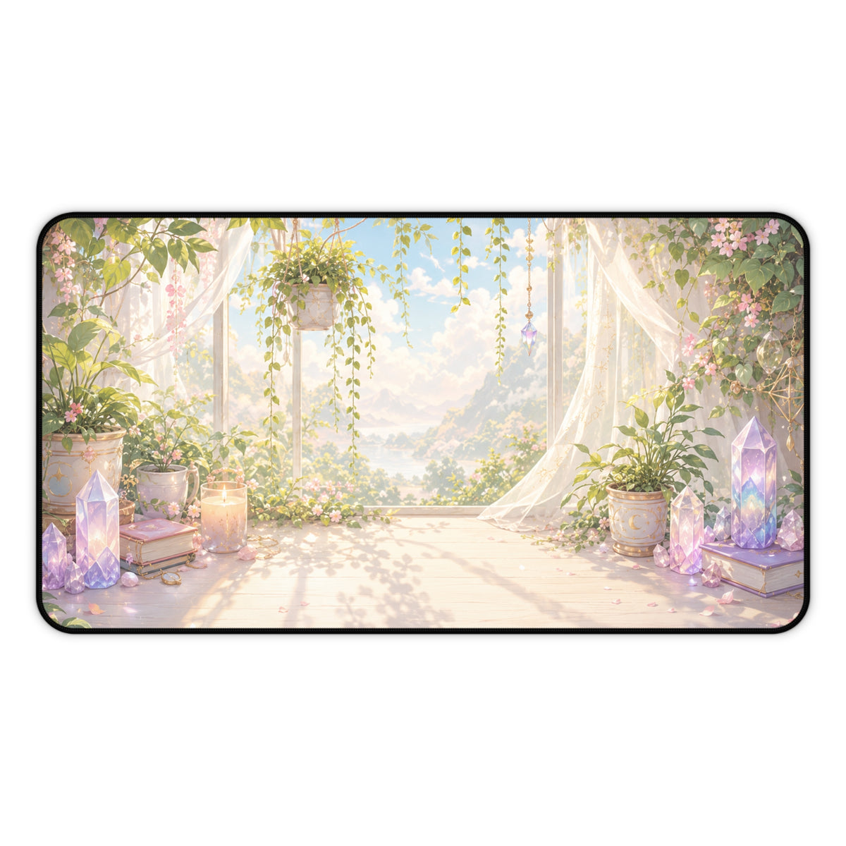 12 x 22 inch desk mat featuring a pastel cottagecore window scene with purple crystals, potted plants, hanging vines, candles and soft floral details.