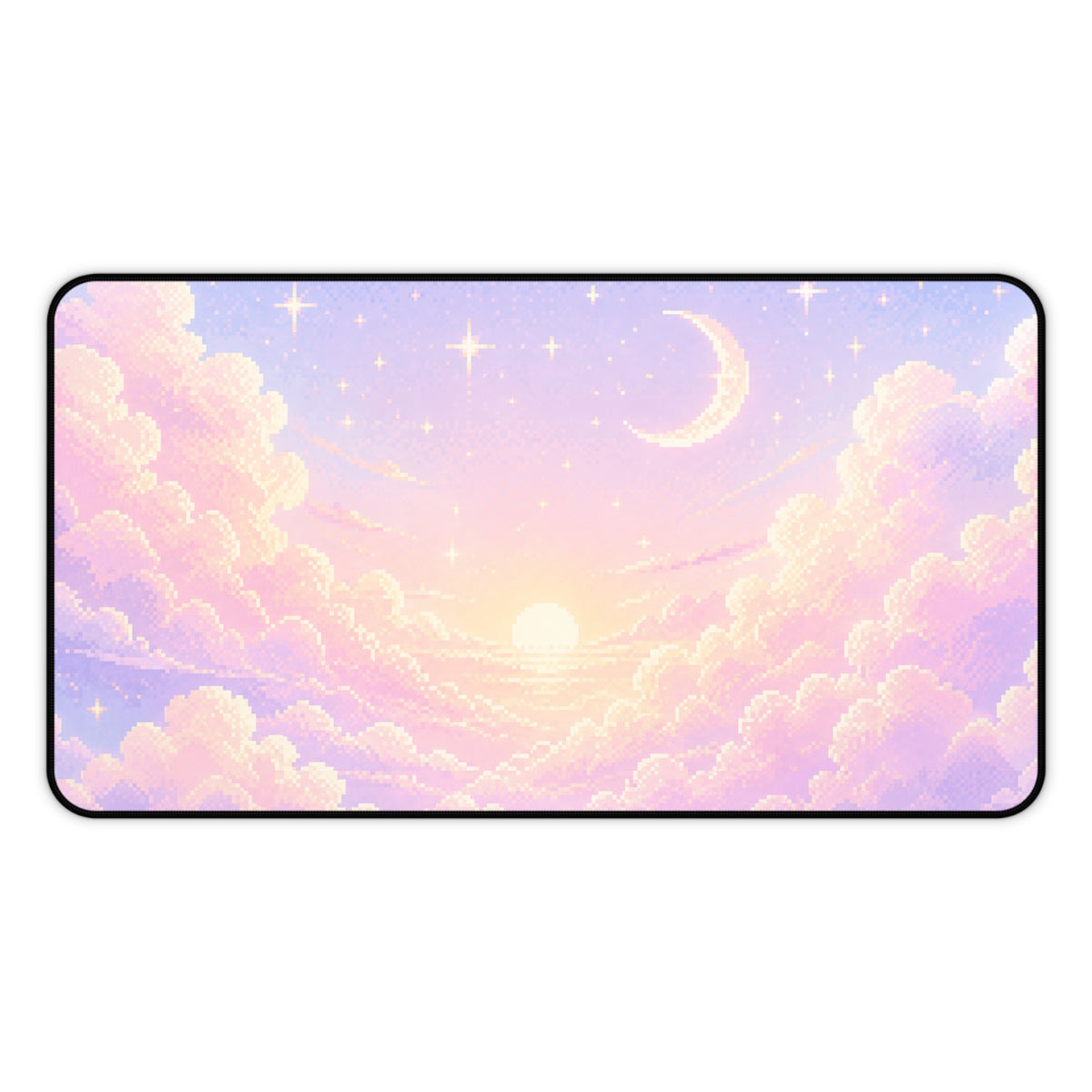 12 by 22 inch pastel celestial desk mat with a soft pixel-art sky design, featuring pink and lavender clouds, glowing stars, a crescent moon and a bright sun near the horizon. The rectangular keyboard mat has rounded corners and a black stitched border, shown flat against a plain white background.