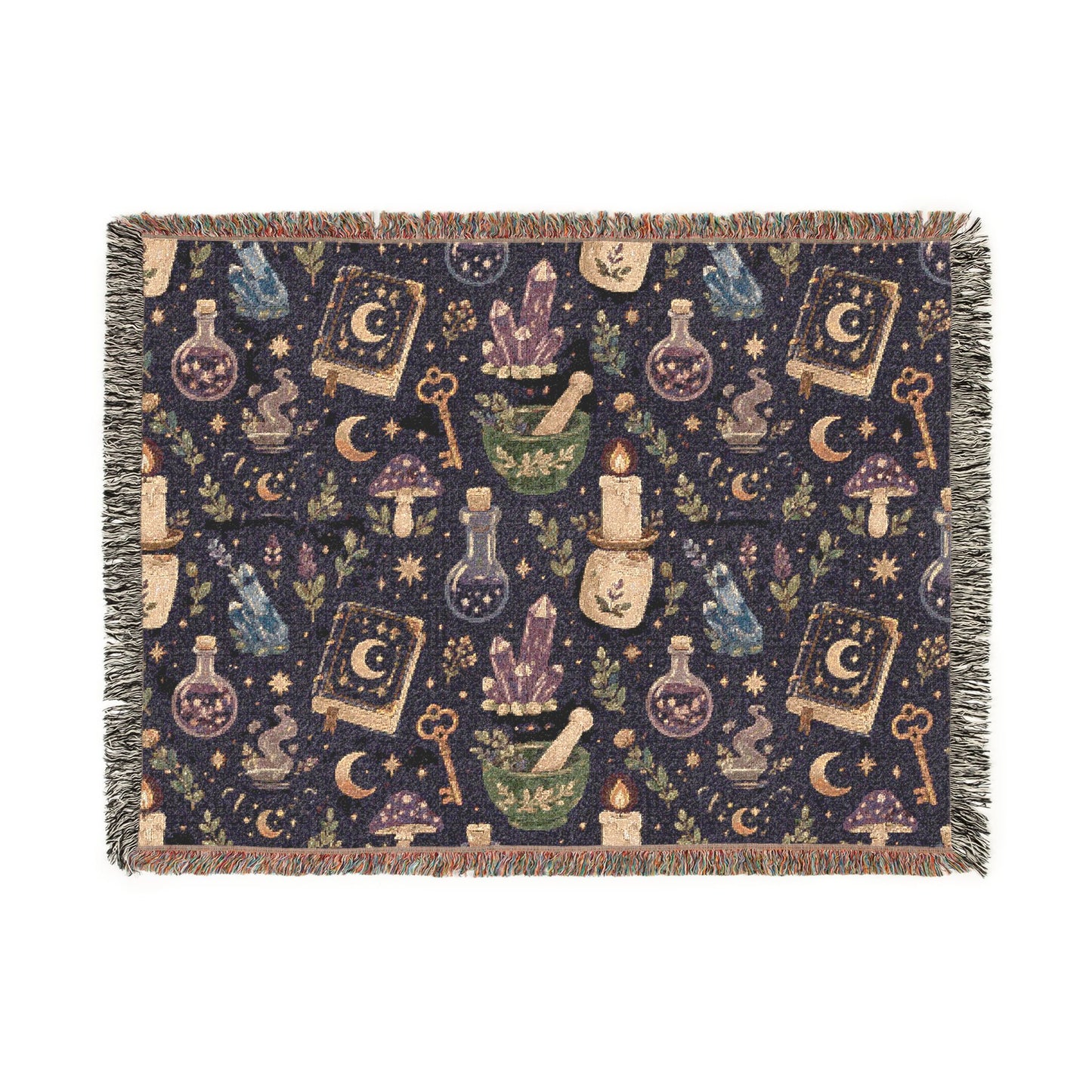 Large witchy apothecary woven blanket shown flat, front view, featuring crystals, moons, potion bottles, herbs, spell books, mushrooms, candles and magical celestial details. 80" x 60"