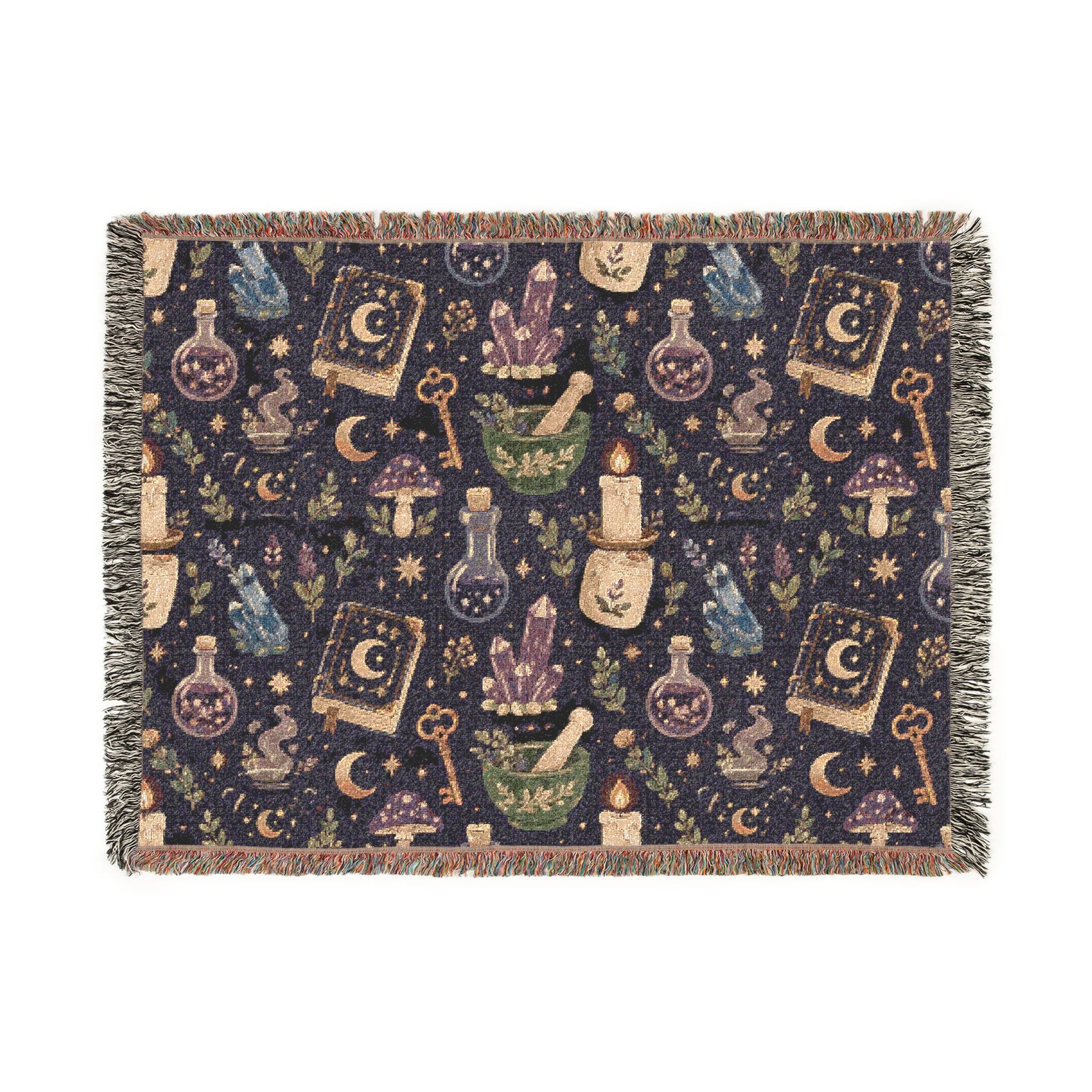 Large witchy apothecary woven blanket shown flat, front view, featuring crystals, moons, potion bottles, herbs, spell books, mushrooms, candles and magical celestial details. 80" x 60"