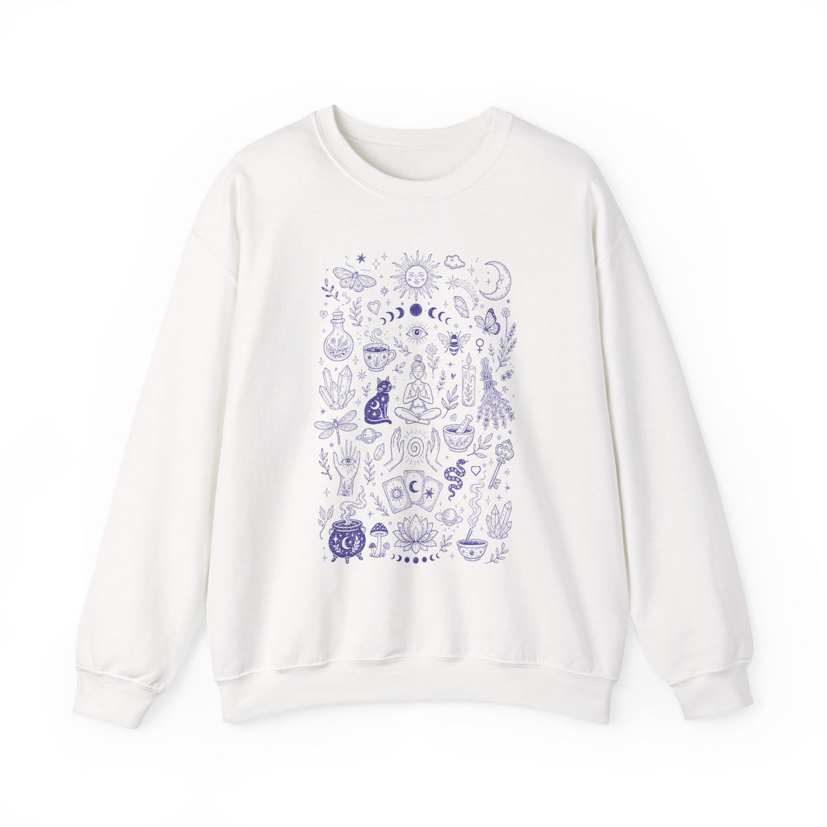 A white crewneck sweatshirt featuring a vertical doodle graphic print of various purple mystical and celestial illustrations, including moons, stars, crystals, tarot, and a cat, displayed on a clean white background.