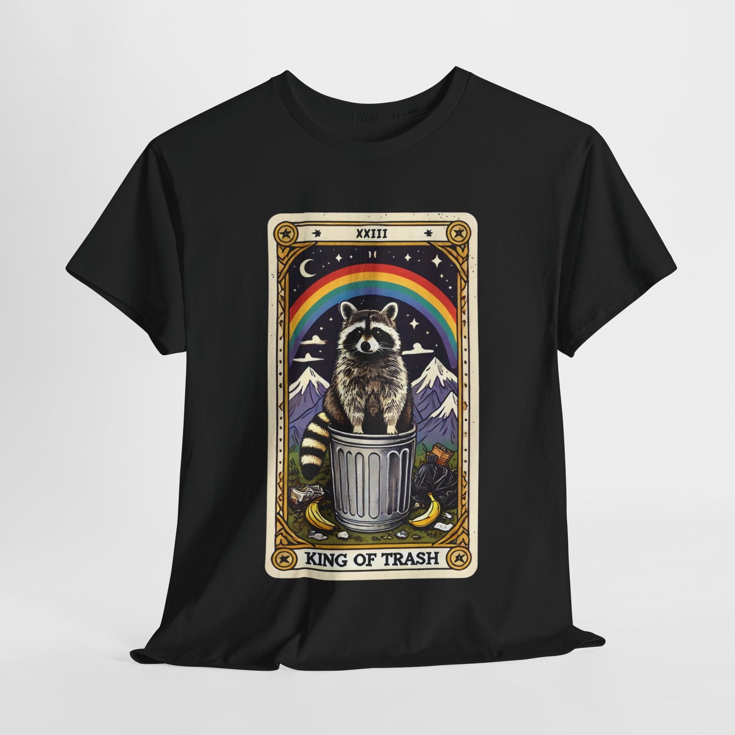 Black t-shirt with a tarot card-style design featuring the king of trash tarot card that has a raccoon standing on a trash can under a rainbow. The card has a roman numeral on the top and "King Of Trash" written on the bottom of the card image.