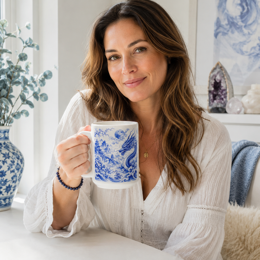 Woman holding a mug with blue dragon design in a cozy room.