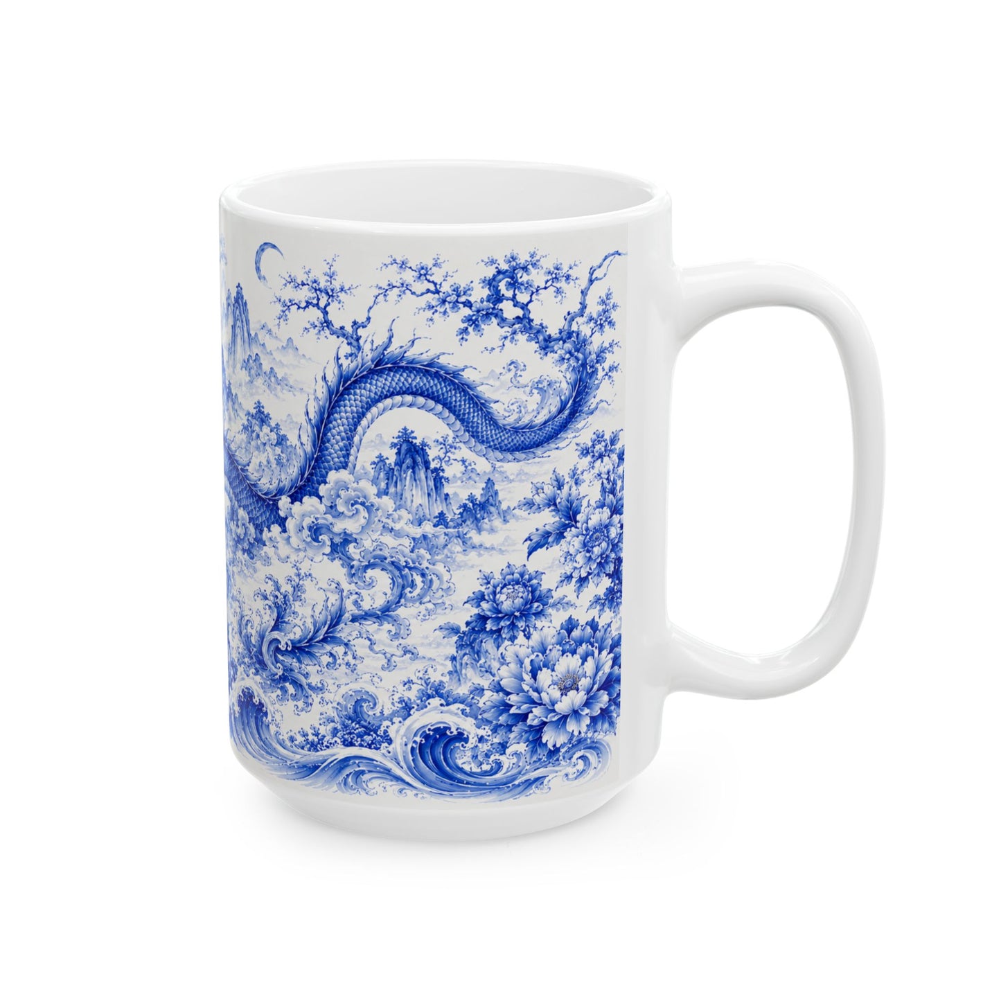 Back of white mug with blue dragon, waves mountains and floral design on a white background