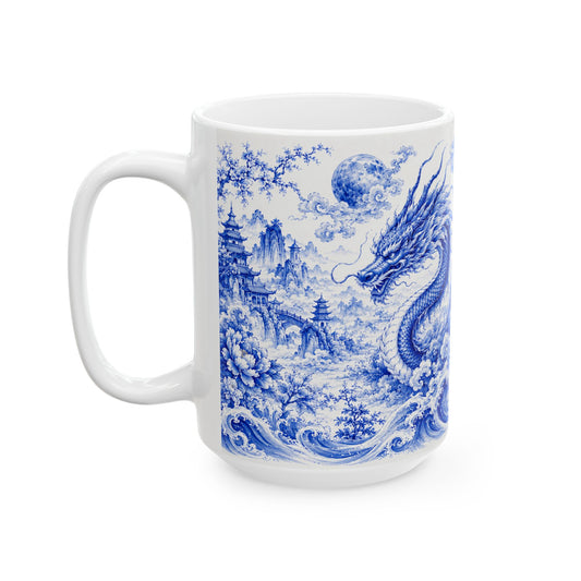 Front of white mug with blue dragon, waves mountains and floral design on a white background