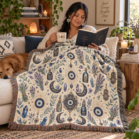 A cozy living room scene with a woman wrapped in a cream throw blanket featuring blue and purple botanical, evil eye, and mystical motifs, reading a book and holding a mug. A golden dog rests on the couch nearby, with candles, plants, and home decor in the background.