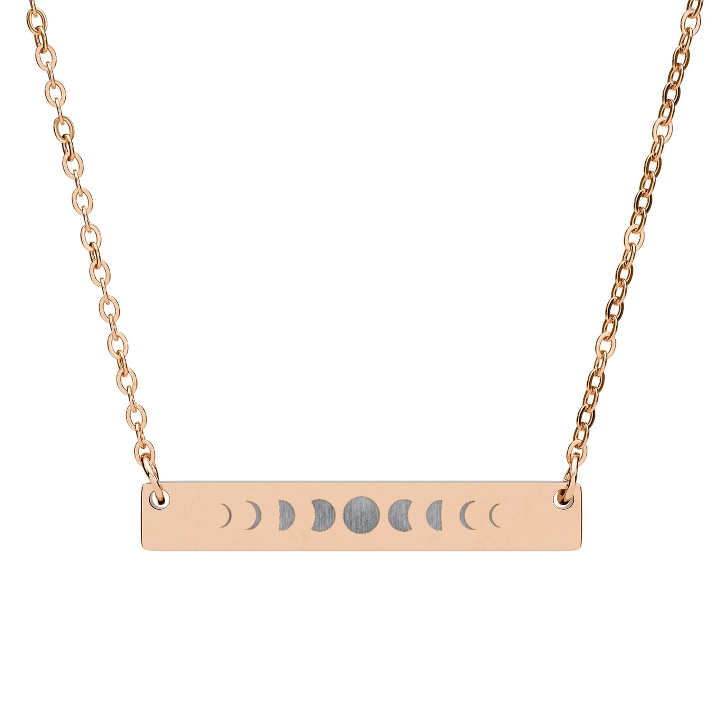 Rose gold necklace with a horizontal bar pendant featuring moon phase symbols on a white background.