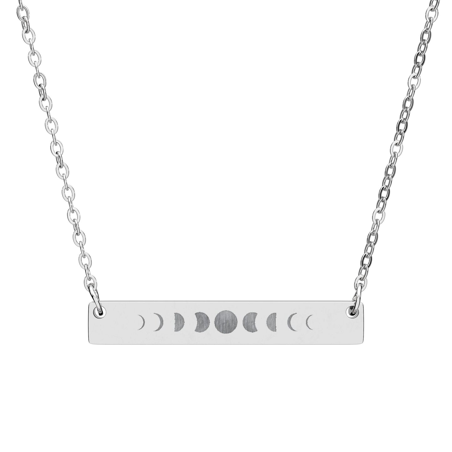 Stainless Steel necklace with a horizontal bar pendant featuring moon phase symbols on a white background