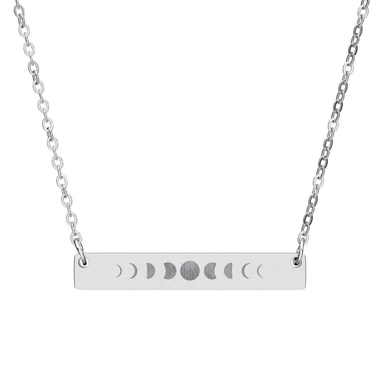 Stainless Steel necklace with a horizontal bar pendant featuring moon phase symbols on a white background