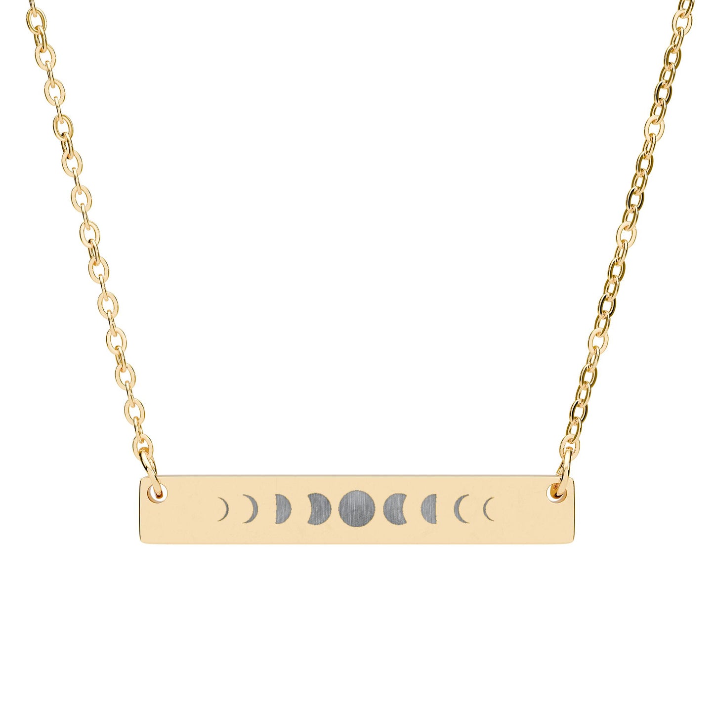 Gold necklace with a horizontal bar pendant featuring moon phase symbols on a white background.
