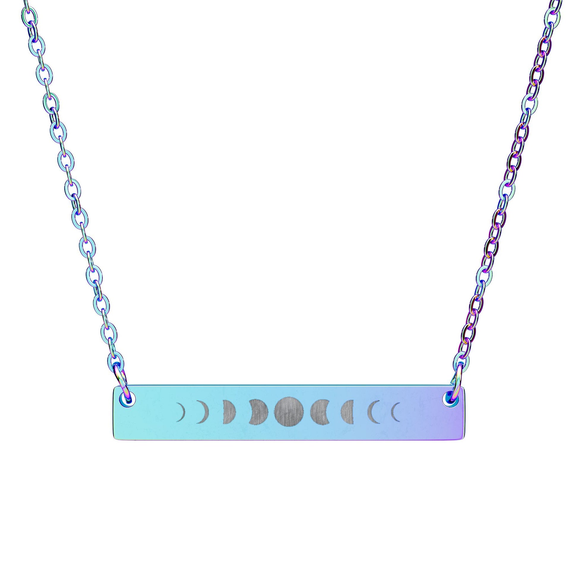 Iridescent necklace with a horizontal bar pendant featuring moon phase symbols on a white background