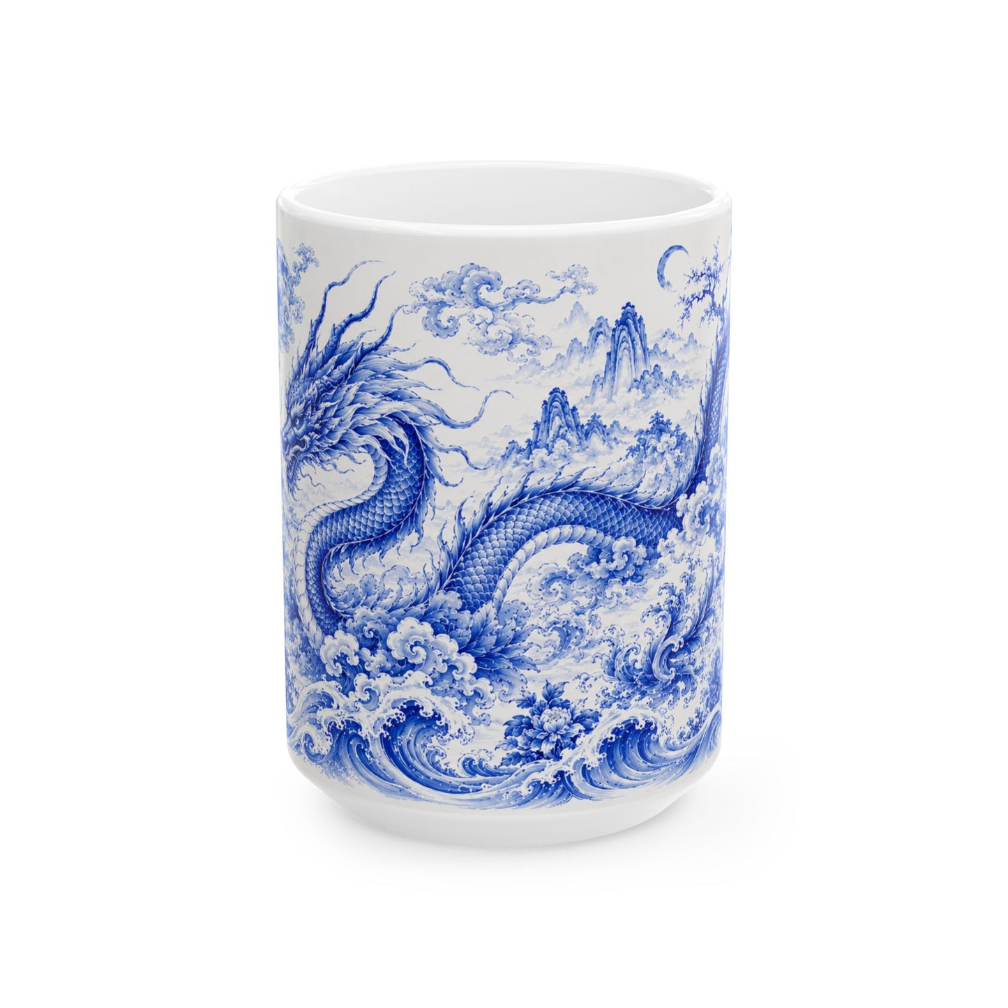 Non-handle side of white mug with blue dragon, waves, mountains and floral design on a white background