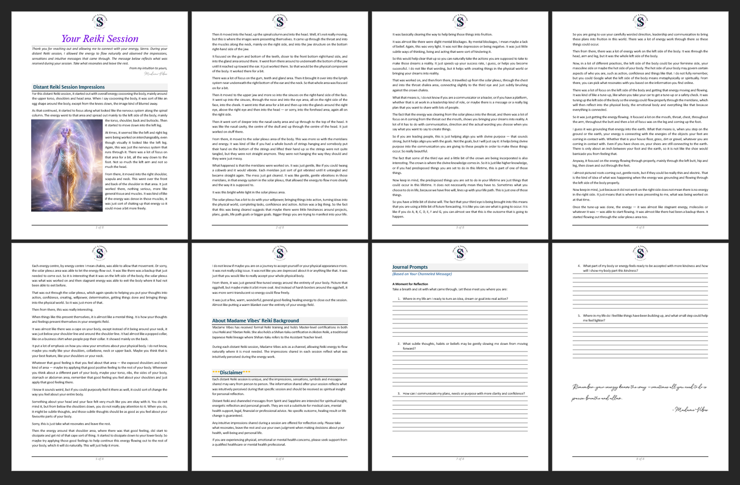 Spirit and Sapphire 25-minute distant Reiki session example showing all eight pages with channeled Reiki impressions, credentials, disclaimer and journal prompts.