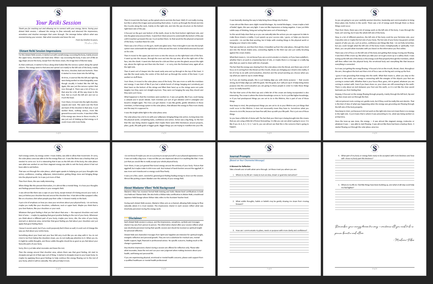 Spirit and Sapphire 25-minute distant Reiki session example showing all eight pages with channeled Reiki impressions, credentials, disclaimer and journal prompts.