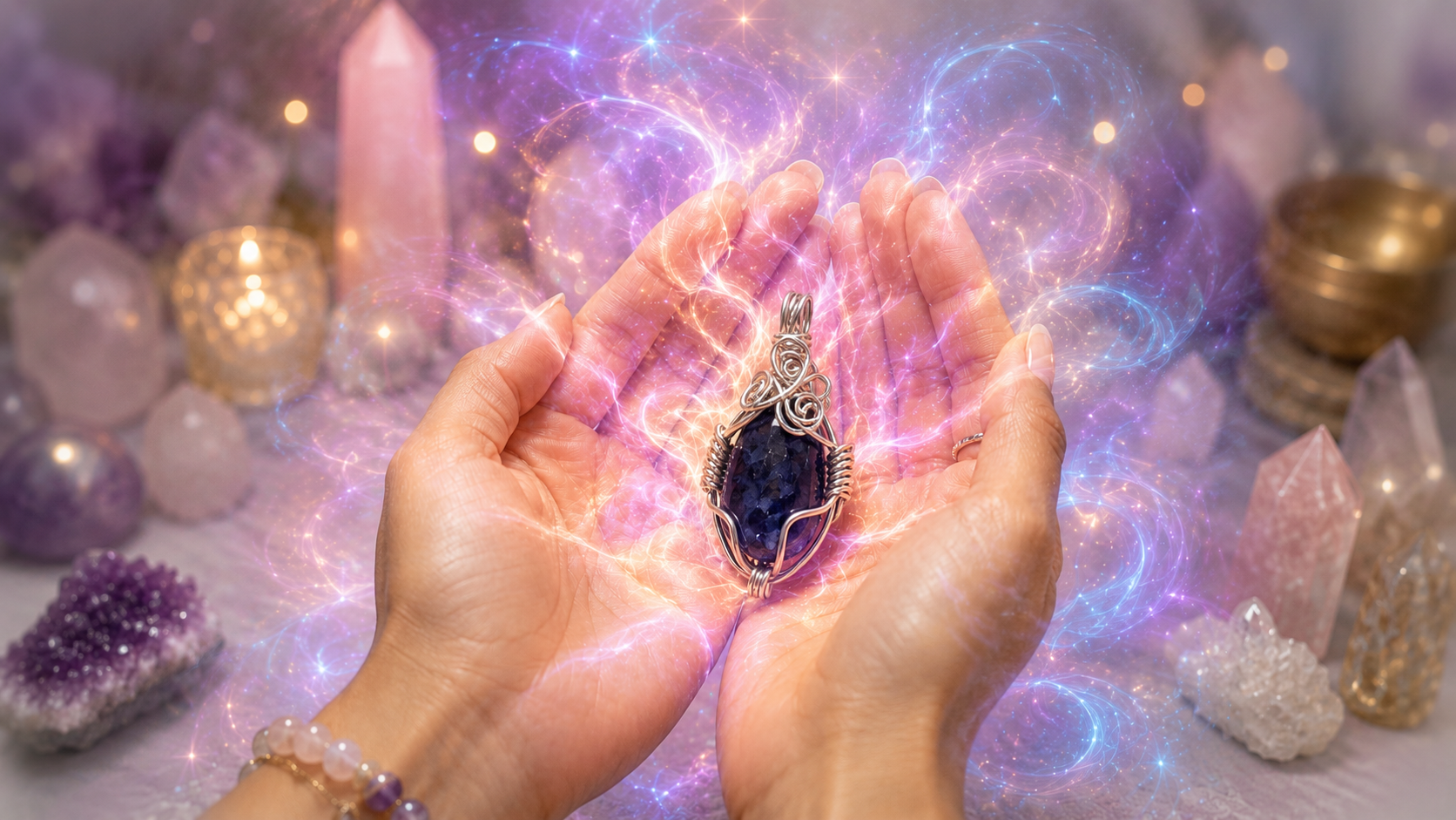 Hand holding a purple crystal pendant with a mystical background of crystals and lights with energy swirling around the hands and pendant