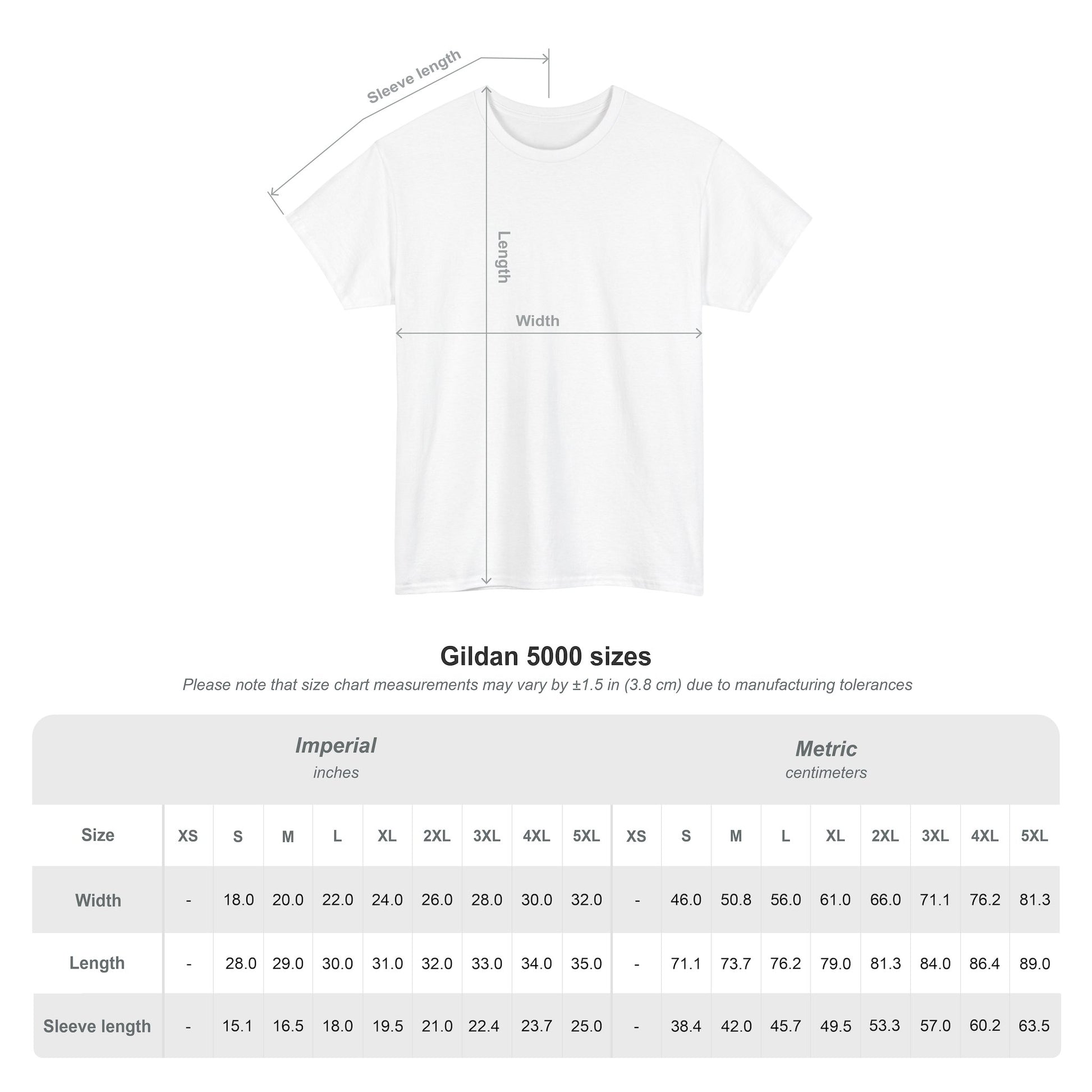 Gildan 5000 size chart with a white T-shirt measurement diagram and imperial and metric measurements for width, length and sleeve length from XS to 5XL.