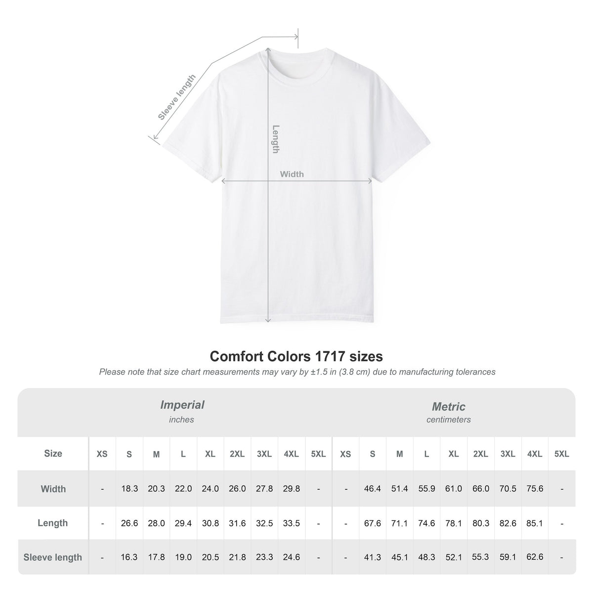 Comfort Colors 1717 t-shirt size chart showing width, length and sleeve length measurements in inches and centimeters from size S to 4XL.