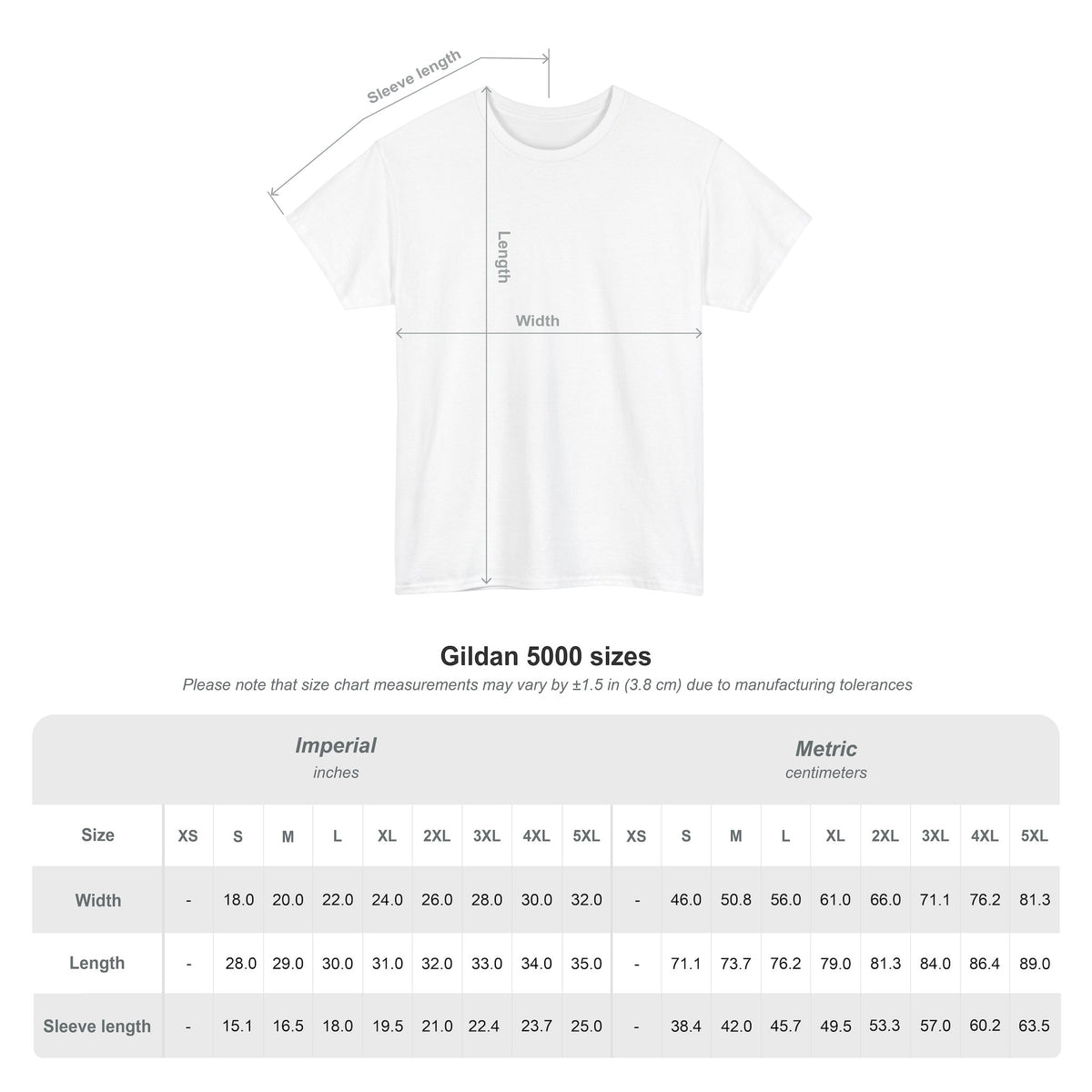 Gildan 5000 t-shirt size chart showing width, length and sleeve length measurements in inches and centimeters from size S to 5XL.